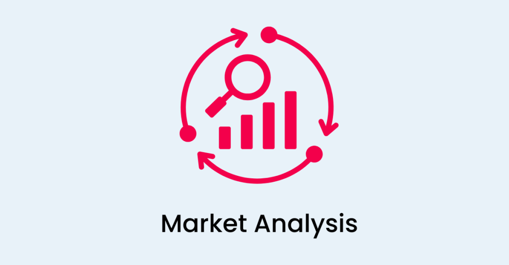 Image with at the top a red icon of a infographic and underneath the title Market Analysis