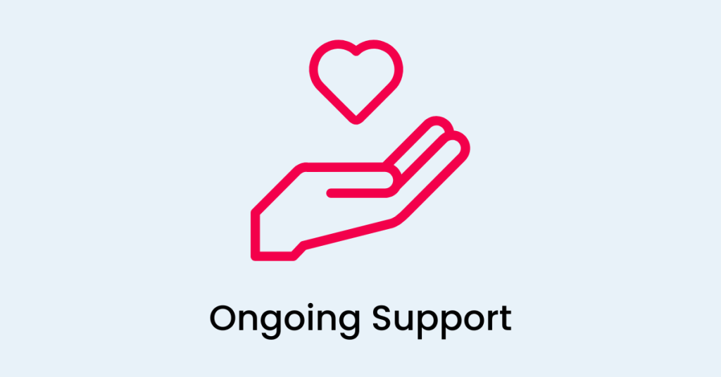 At the top is a red icon made of a hand and a heart and underneath saying Ongoing Support. 